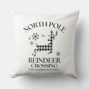North Pole Reindeer Crossing Buffalo Plaid Cushion