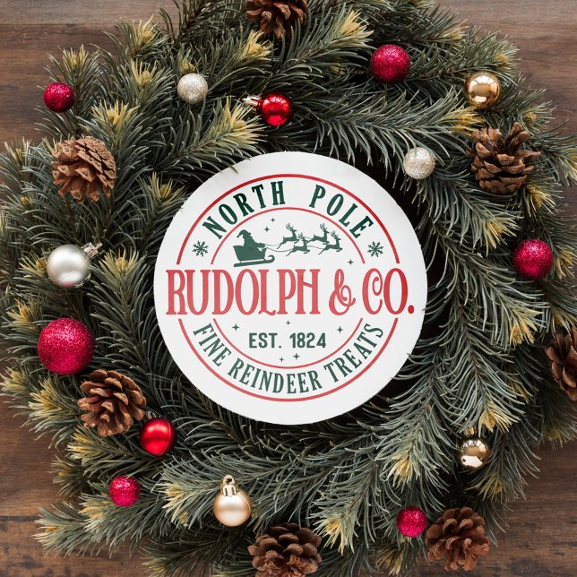 NORTH POLE RUDOLPH SANTA SLEIGH CHRISTMAS CLASSIC ROUND STICKER (GREEN RED VINTAGE SANTA SLEIGH CHRISTMAS  ROUND STICKER RUDOLPH FINE REINDEER TREATS)