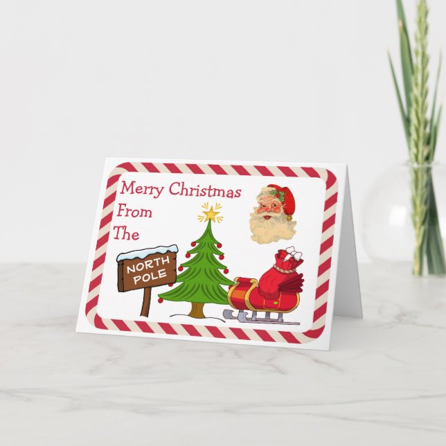 North Pole Santa Christmas Tree Candy Cane Custom Holiday Card (Front)