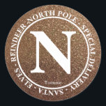 North Pole Santa Delivery Name Gold Glitter Logo Classic Round Sticker<br><div class="desc">Make giving gifts fun with this custom name North Pole Santa Special Delivery Custom Name Seal sticker. in gold glitter version 2.</div>