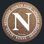 North Pole Santa Delivery Name Gold Glitter Logo Classic Round Sticker<br><div class="desc">Make giving gifts fun with this custom name North Pole Santa Special Delivery Custom Name Seal sticker. in gold glitter version 2.</div>