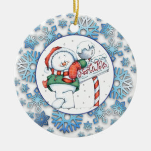 North Pole Snowman Ceramic Ornament