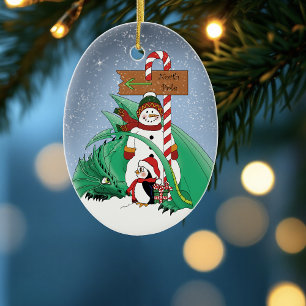 North Pole Snowman Dragon Penguin Christmas  Ceramic Ornament