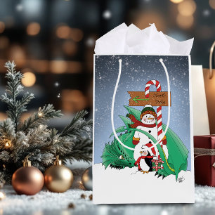 North Pole Snowman Dragon Penguin Christmas Medium Gift Bag