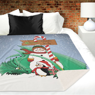 North Pole Snowman Dragon Penguin Christmas Sherpa Blanket