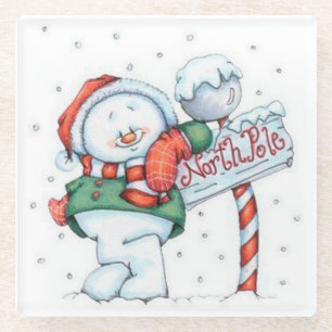North Pole Snowman Glass Coaster