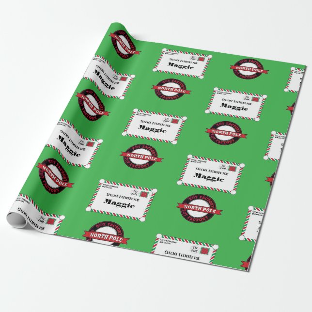 North Pole Special Delivery Child's Name Green Red Wrapping Paper (Unrolled)