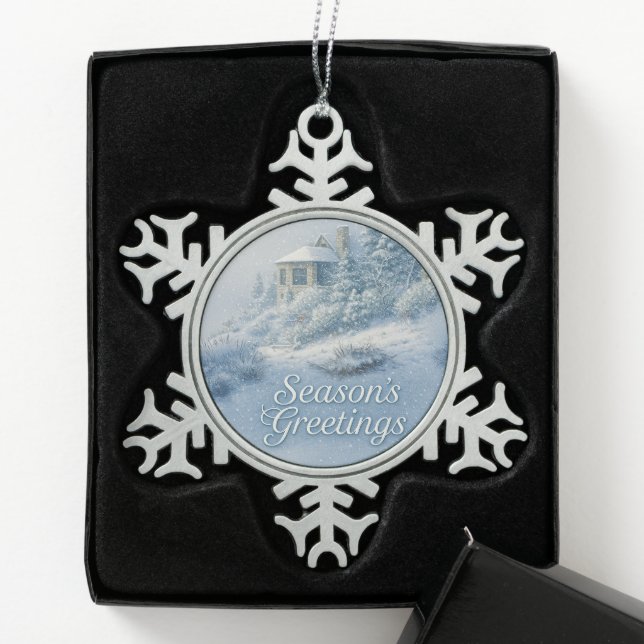 North Rim Lodge Winter Scenery Nostalgic  Snowflake Pewter Christmas Ornament (Box)