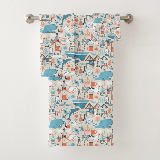 North Sea Cute Doodle Pattern Bath Towel Set (Insitu)