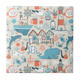 North Sea Cute Doodle Pattern Ceramic Tile