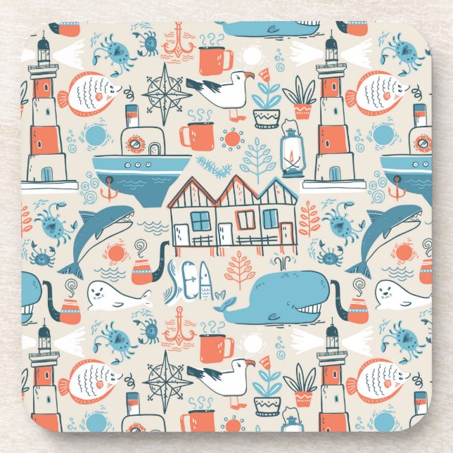North Sea Cute Doodle Pattern Coaster (Front)