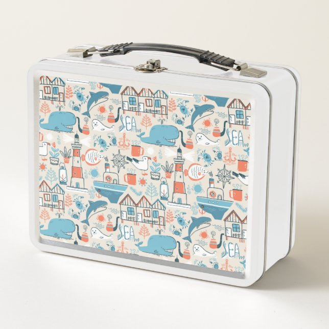 North Sea Cute Doodle Pattern Metal Lunch Box (Front)