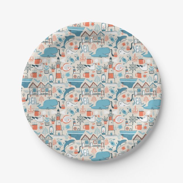 North Sea Cute Doodle Pattern Paper Plate (Front)