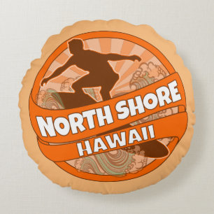 North Shore Hawaii orange surfer logo round pillow