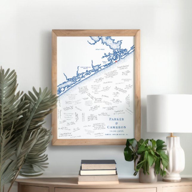 North Topsail Beach Map Wedding Guest Book Poster (North Topsail Beach NC Map Wedding Guest Book Poster in Elegant Navy Blue from Coastal Map Designs)