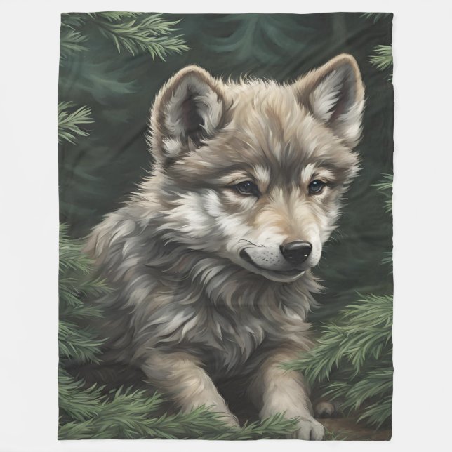 North Woods Wolf Cub Fleece Blanket (Front)