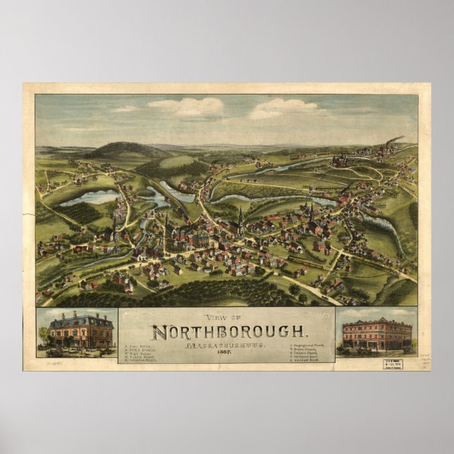 Northborough Mass. 1887 Antique Panoramic Map Poster (Front)