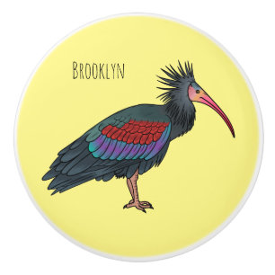 Northern bald ibis bird cartoon illustration ceramic knob