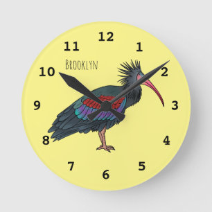 Northern bald ibis bird cartoon illustration round clock