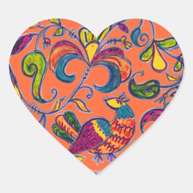 Northern Bird Folk Art from Russia Heart Sticker (Front)