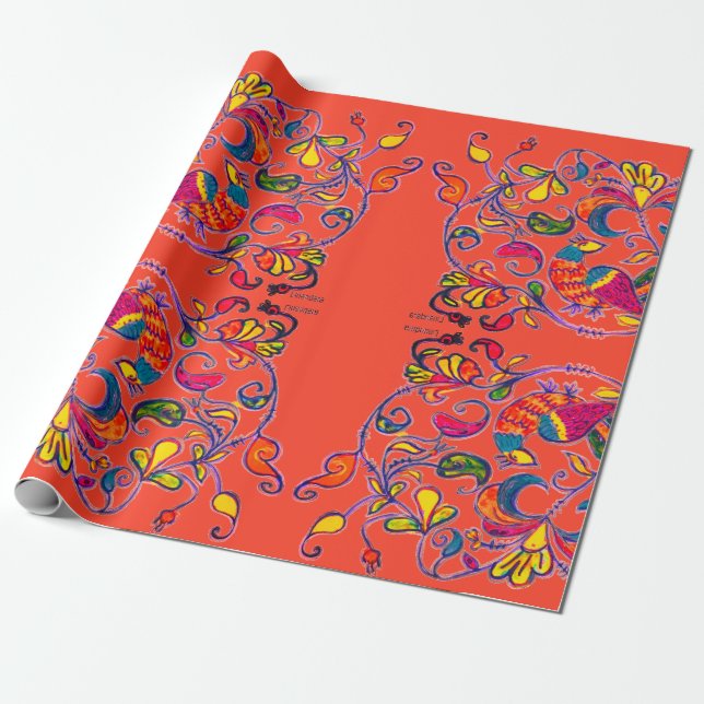 Northern Bird on Red Wrapping Paper (Unrolled)