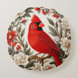 Northern Cardinal Bird Beautiful Floral Round Cushion