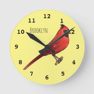 Northern cardinal bird cartoon illustration round clock