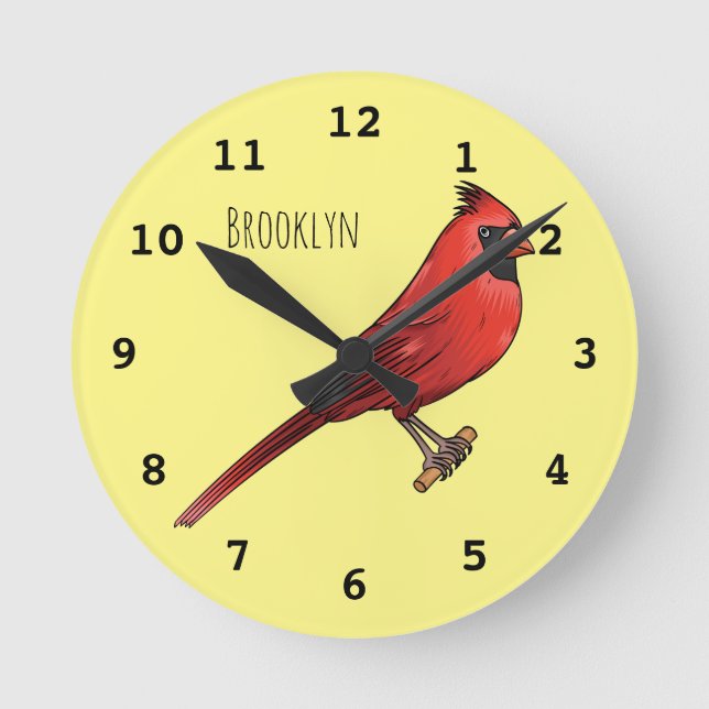 Northern cardinal bird cartoon illustration round clock (Front)