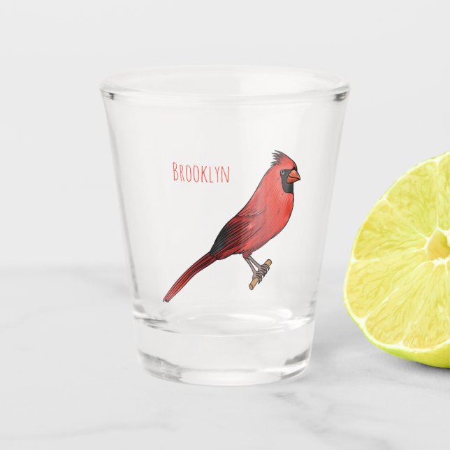 Northern cardinal bird cartoon illustration shot glass (Front)