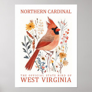 Northern Cardinal Bird of West Virginia Travel Poster