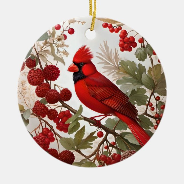Northern Cardinal Bird Red Berries Ceramic Ornament (Front)