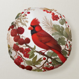 Northern Cardinal Bird Red Berries Round Cushion