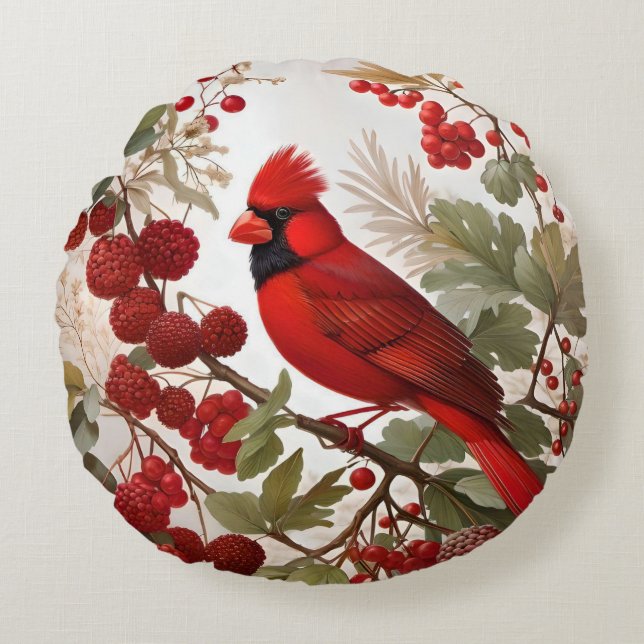 Northern Cardinal Bird Red Berries Round Cushion (Front)