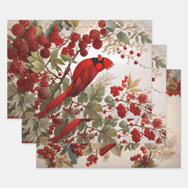 Northern Cardinal Bird Red Berries Wrapping Paper Sheet (Set)