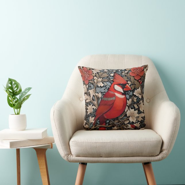 Northern Cardinal Bird William Morris Inspired Cushion (Chair)
