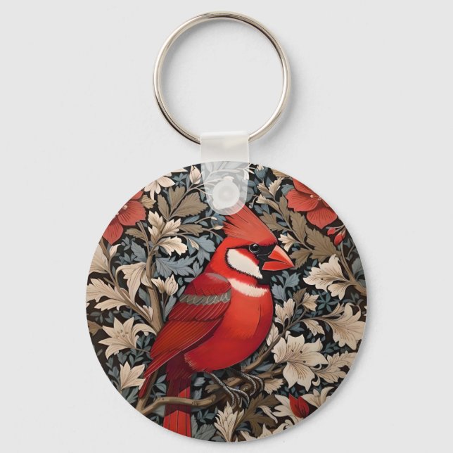 Northern Cardinal Bird William Morris Inspired Key Ring (Back)