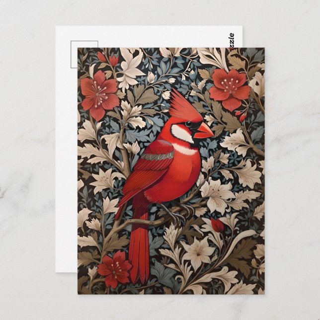 Northern Cardinal Bird William Morris Inspired Postcard (Front/Back)