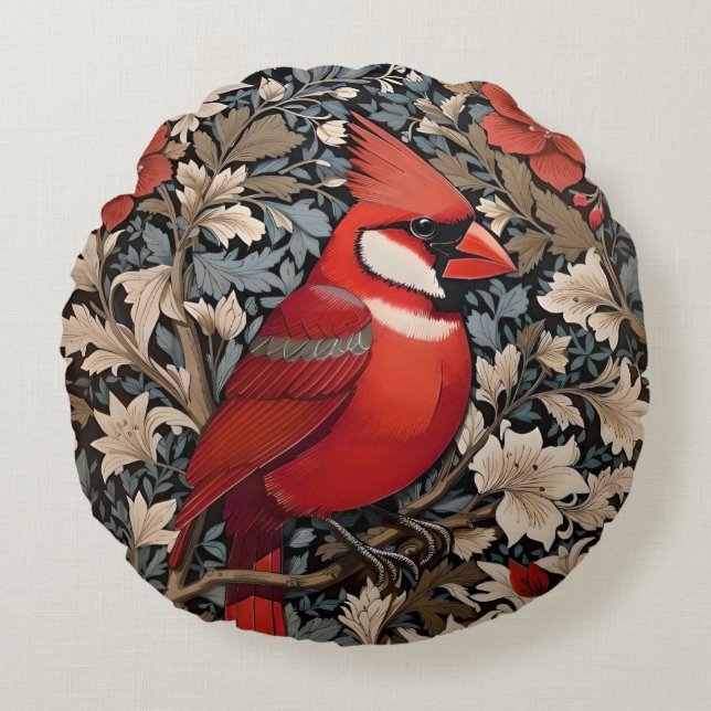 Northern Cardinal Bird William Morris Inspired Round Cushion (Front)