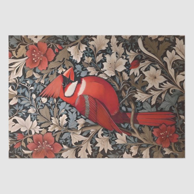 Northern Cardinal Bird William Morris Inspired Tissue Paper (Front)