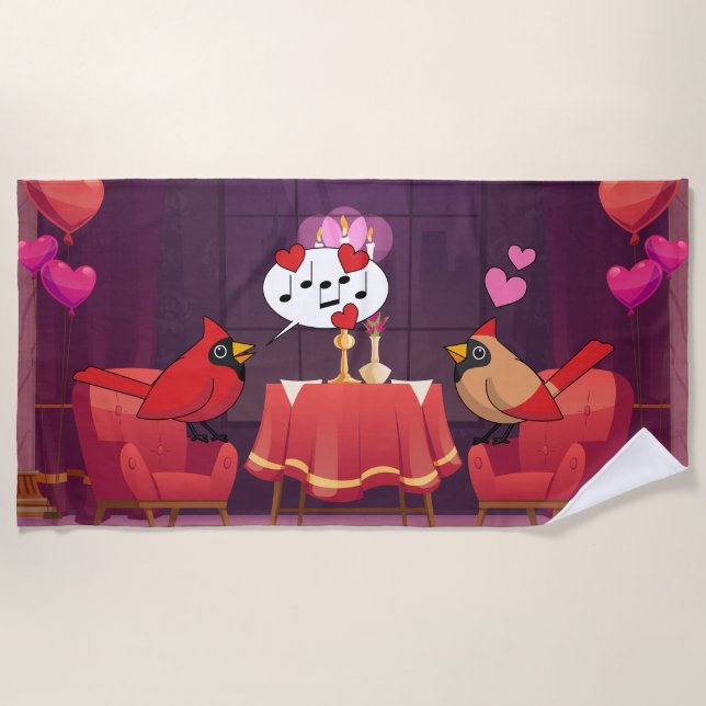 Northern Cardinal Birds Dinner Date Beach Towel (Front)