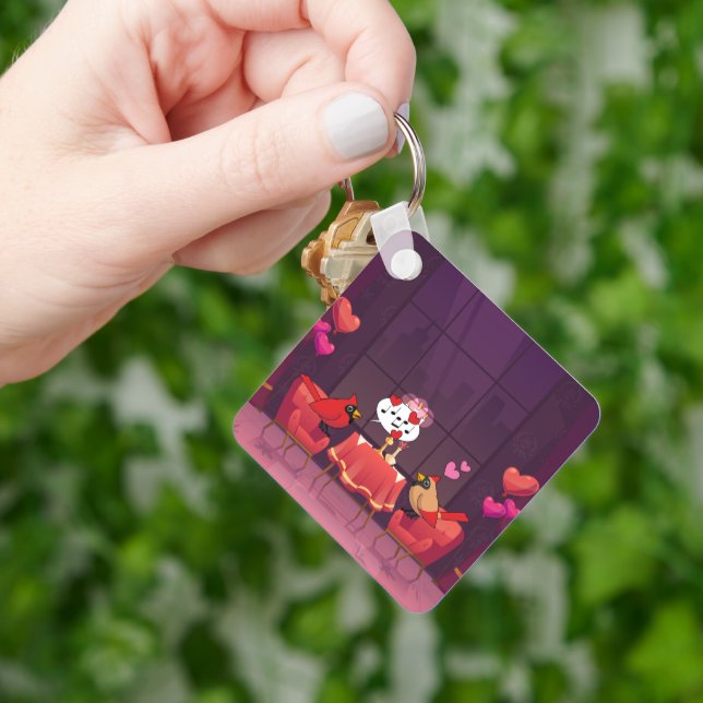 Northern Cardinal Birds Dinner Date Key Ring (Hand)