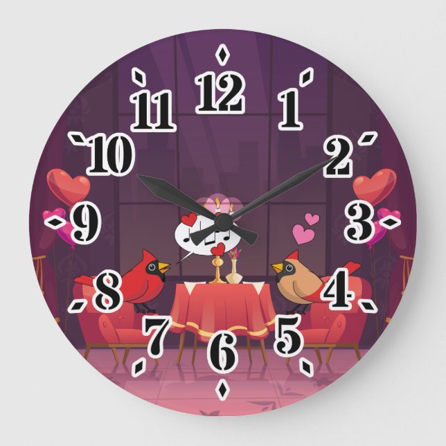 Northern Cardinal Birds Dinner Date Large Clock (Front)