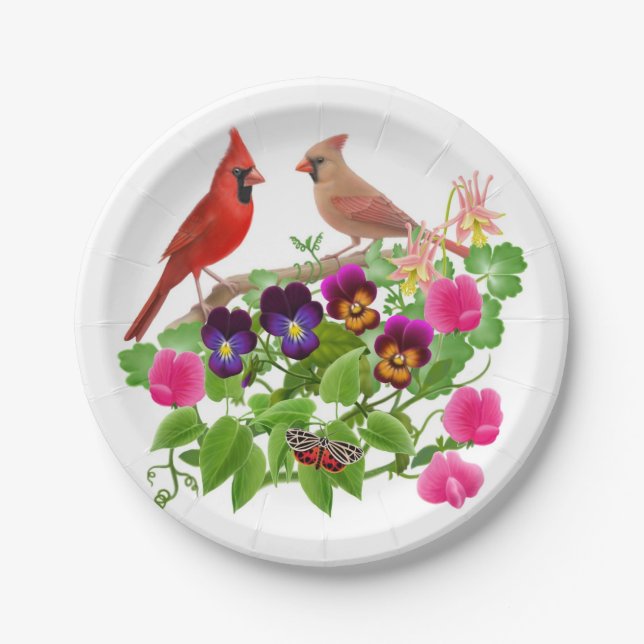 Northern Cardinal Birds in Garden Paper Plates (Front)