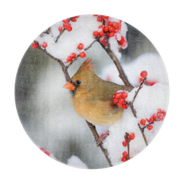 Northern Cardinal female on Common Winterberry Cutting Board (Front)