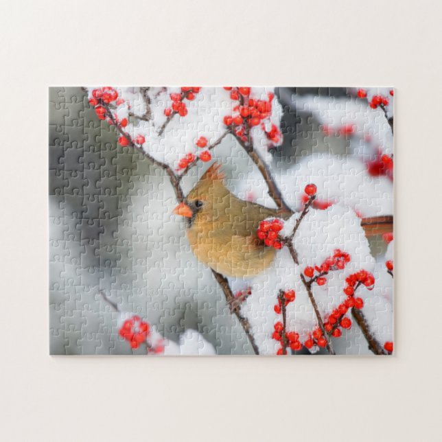 Northern Cardinal female on Common Winterberry Jigsaw Puzzle (Horizontal)