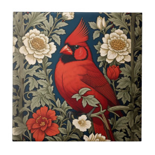Northern Cardinal Floral William Morris Inspired Ceramic Tile