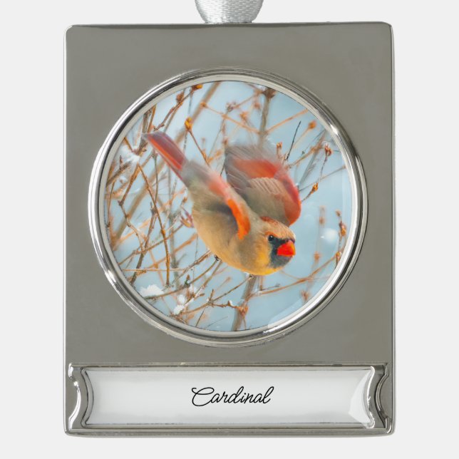 Northern Cardinal Flying - Original Photograph Silver Plated Banner Ornament (Front)