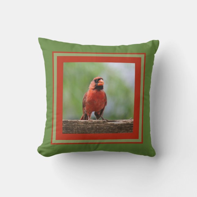 Northern Cardinal, framed in red & green Cushion (Front)