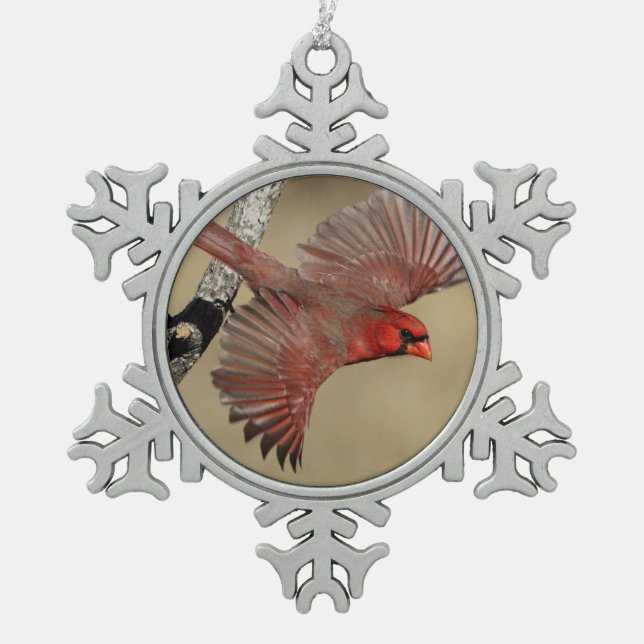 Northern Cardinal In Flight Snowflake Pewter Christmas Ornament (Front)