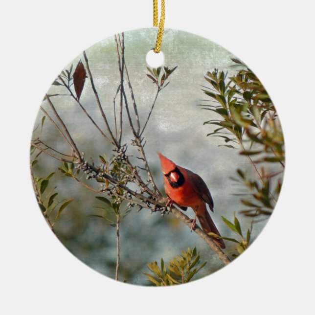 Northern Cardinal in Wax Myrtle Ceramic Ornament (Front)